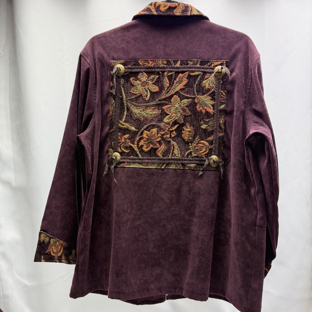 Susan Graver Jacket Large Purple Faux Suede Zip Front SW Tapestry Trim Stretch L - Picture 5 of 9